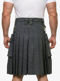 Person wearing a gray kilt on a white background