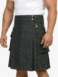 Person wearing a gray kilt on a white background