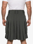 Person wearing a gray pleated kilt on a white background
