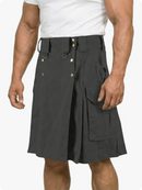 Person wearing a gray kilt on a white background