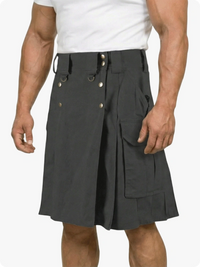 Person wearing a gray kilt on a white background