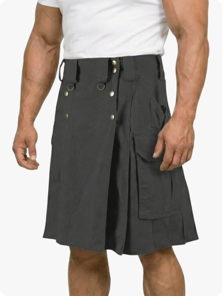 Person wearing a gray kilt on a white background