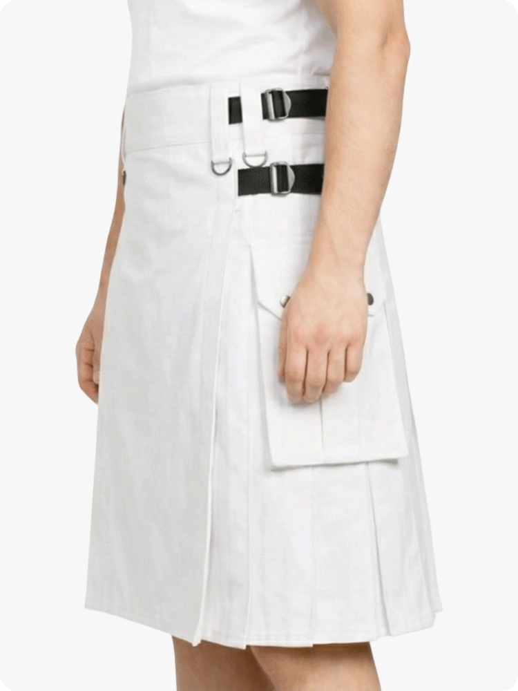 White Utility Kilt With Leather Straps