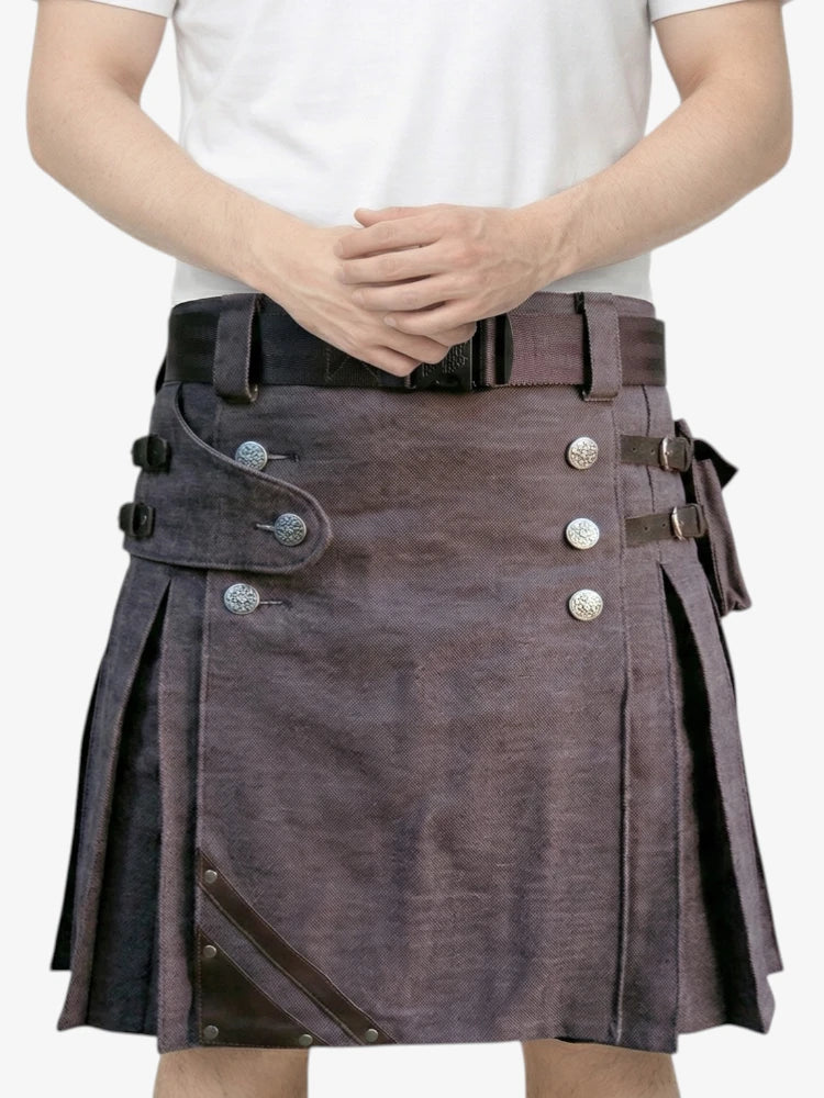 Dunkelbrauner Denim-Kilt mit dekorativen Details