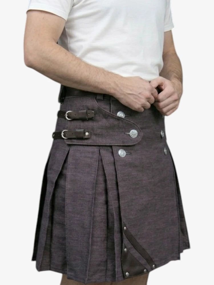 Dunkelbrauner Denim-Kilt mit dekorativen Details