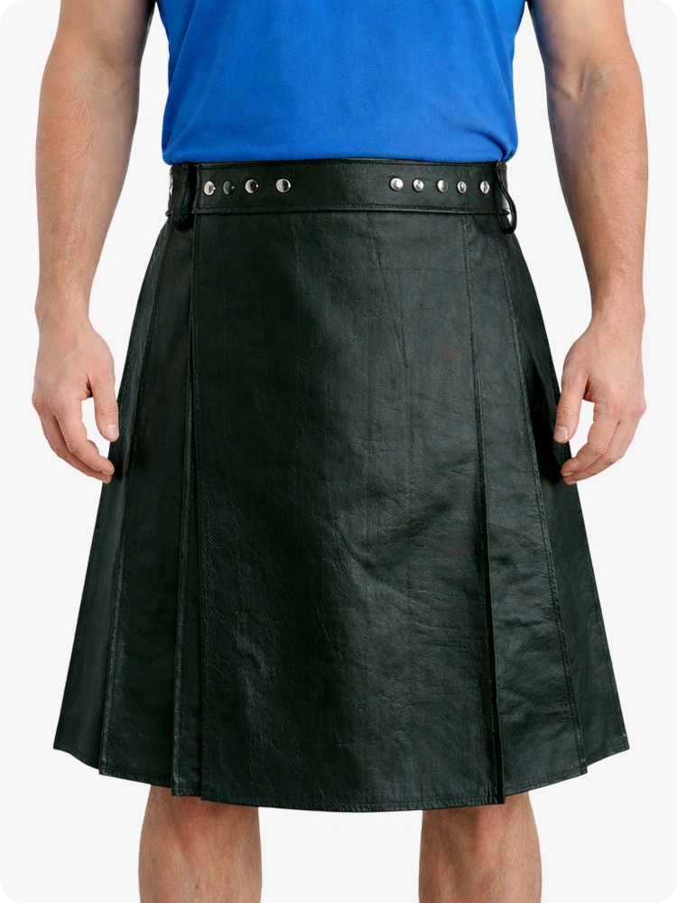 Person wearing a Dark Green leather kilt on a white background