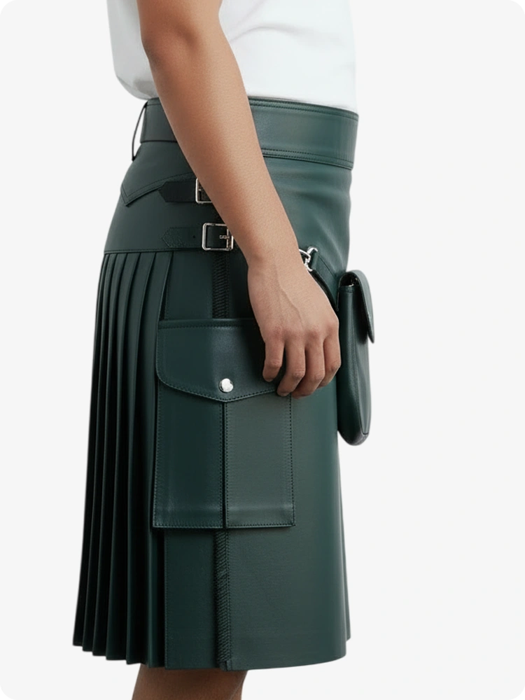 Dunkelgrüner Leder Faltenkilt mit Gürtelschlaufen & Seitenriemen