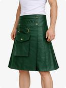 Dark Green skirt with gold buttons and pockets worn by a person on a white background