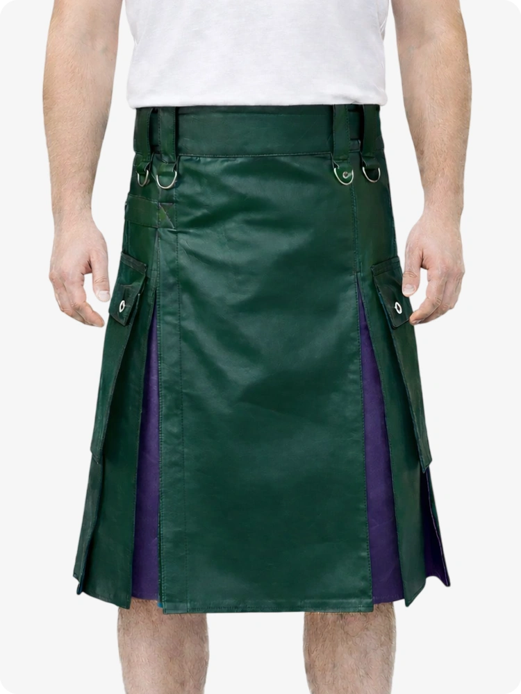 Dark Green and purple kilt worn by a person on a white background