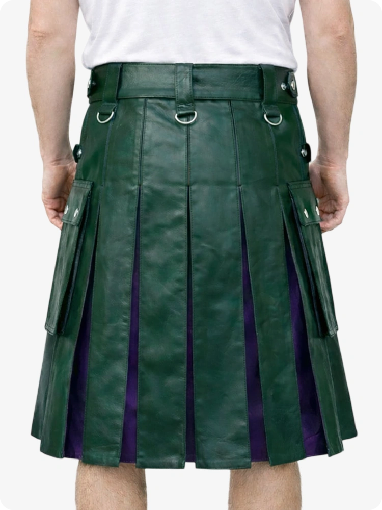 Dark Green Leather Utility Kilt with Purple Pleats, Side Pockets & D-Ring Hardware