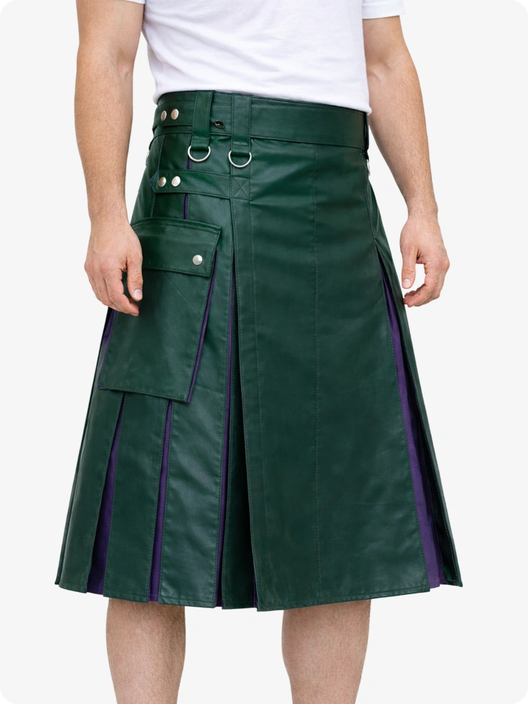 Dark Green leather kilt with purple accents on a white background