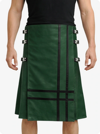 Dark Green kilt with black accents worn by a person on a white background