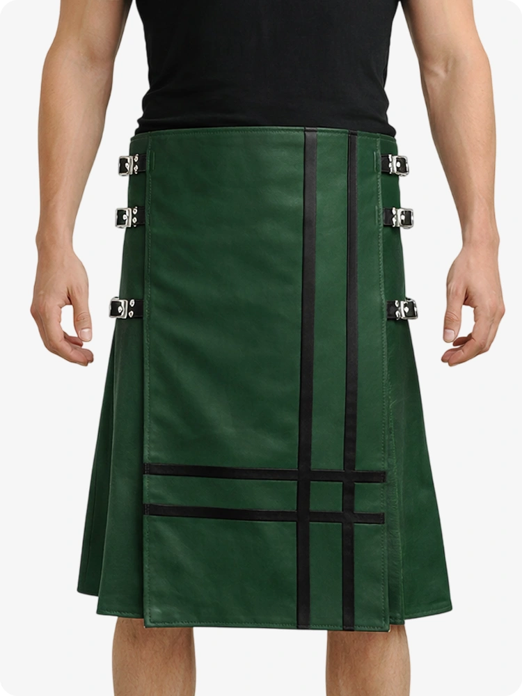 Dark Green kilt with black accents worn by a person on a white background