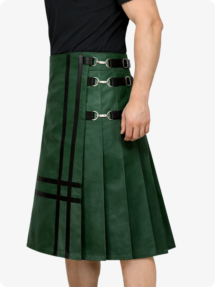 Dark Green kilt with black straps and buckles on a white background