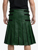 Dark Green pleated kilt with black straps on a white background