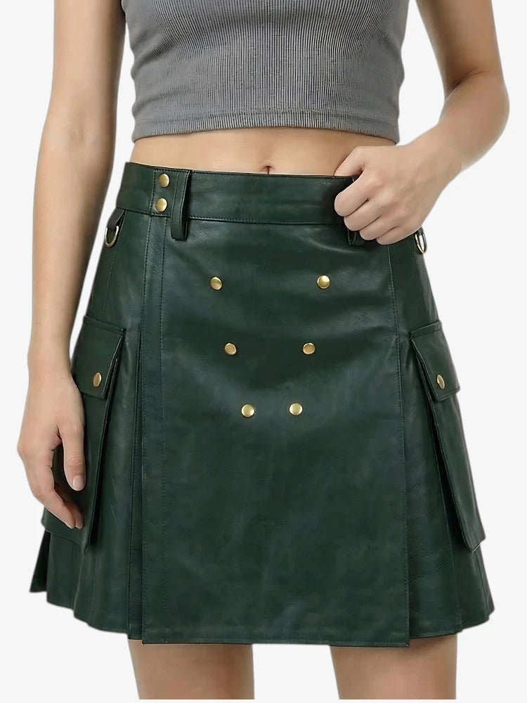 Handgefertigter Dunkelgrüner Damen Leder Utility Kilt