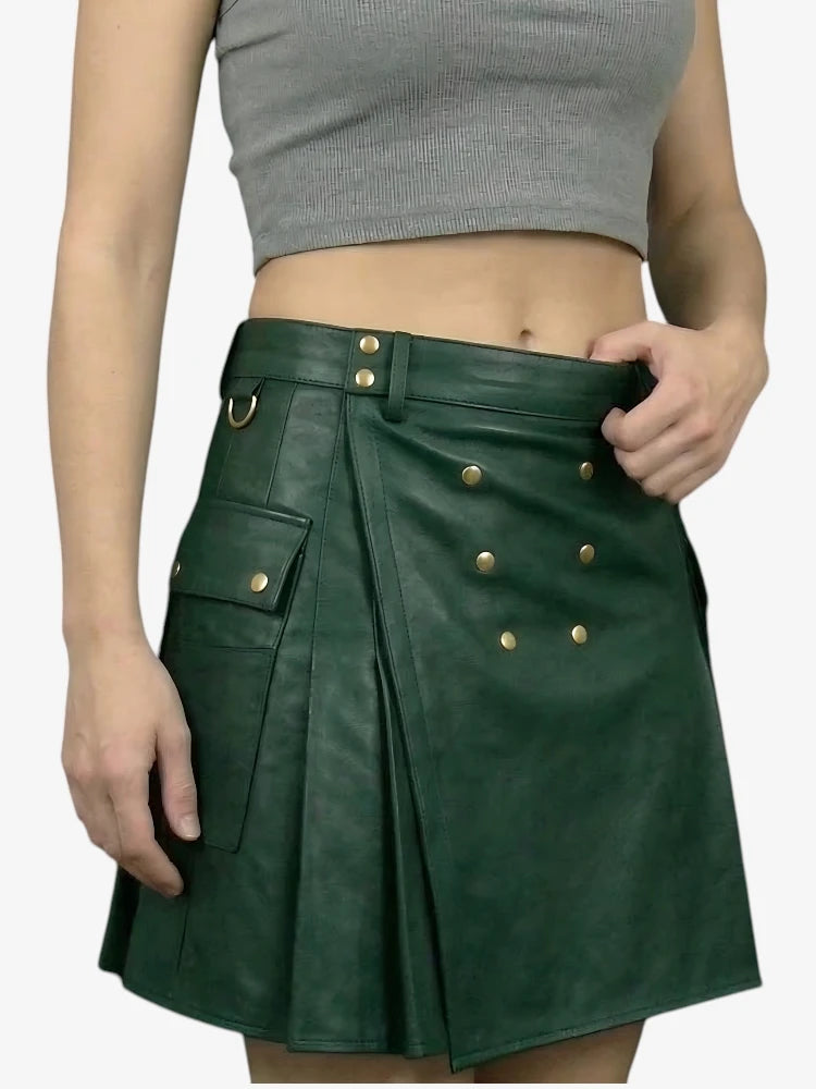 Handgefertigter Dunkelgrüner Damen Leder Utility Kilt