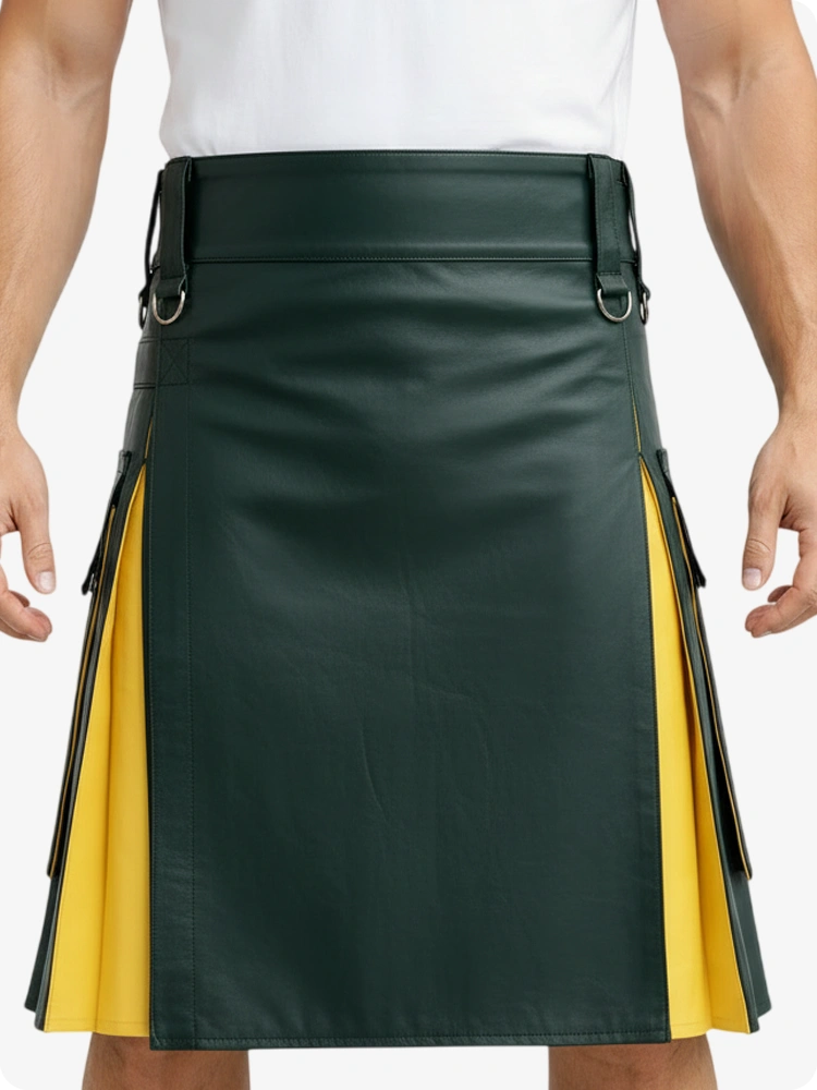 Dunkelgrün & Gelb Leder Utility Kilt mit Cargotaschen
