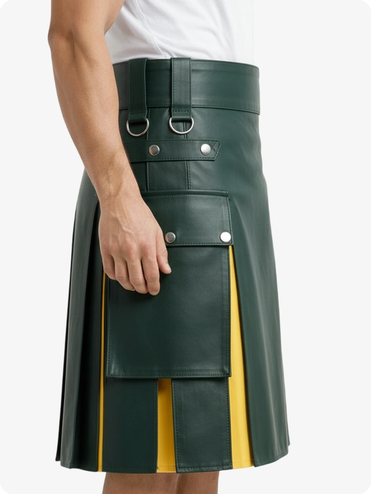 Dunkelgrün & Gelb Leder Utility Kilt mit Cargotaschen
