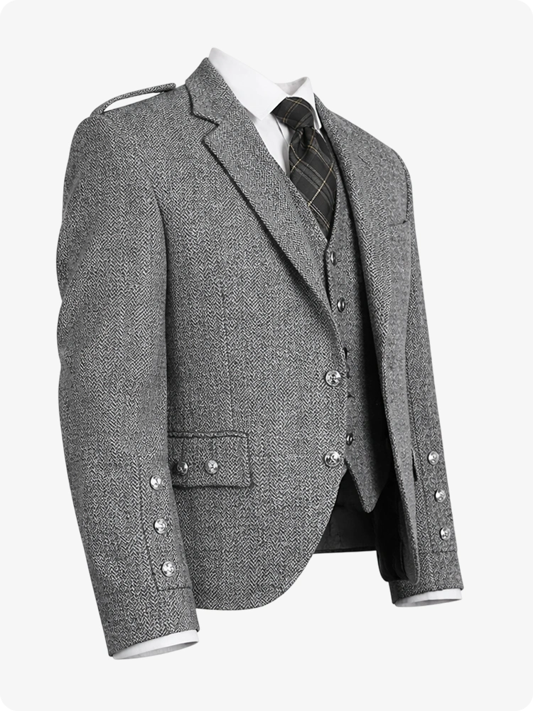 Dark Grey Tweed Argyle Kilt Jacket With Vest