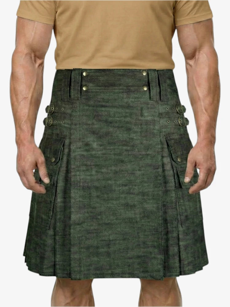 Dunkelolivfarbener Denim-Kilt mit Cargotasche