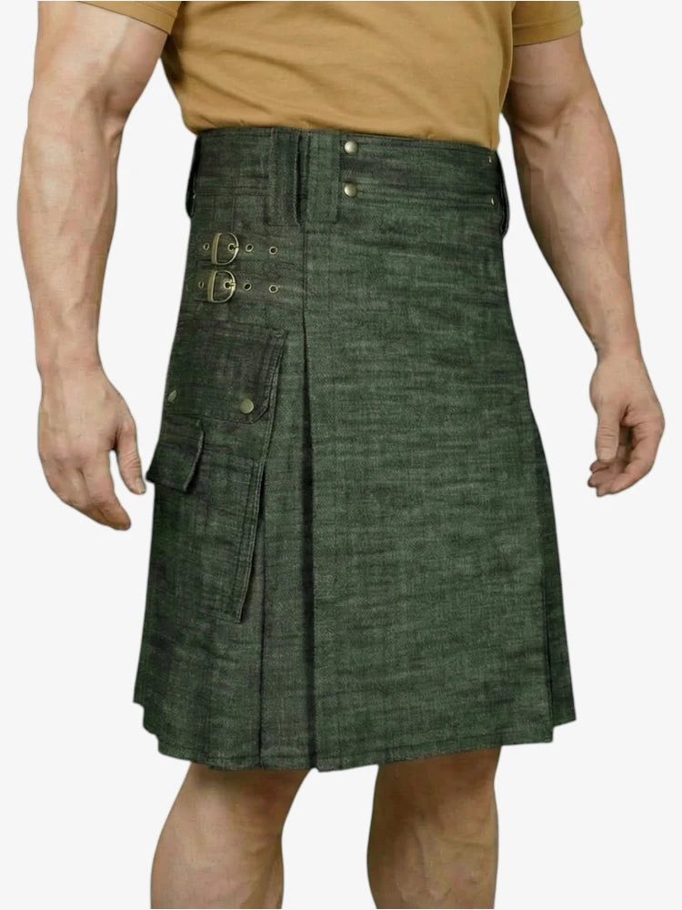 Dunkelolivfarbener Denim-Kilt mit Cargotasche