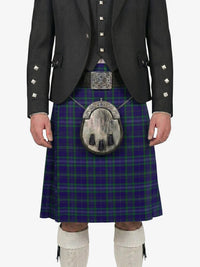 Person wearing a traditional Scottish kilt with a tartan pattern on a white background