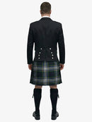 Person wearing a black prince charlie jacket and dress gordon tartan plaid kilt on a white background