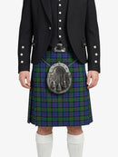 Person wearing a Scottish kilt with a tartan pattern on a white background
