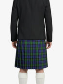 Person wearing a black jacket and plaid kilt on a white background