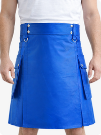 Electric Blue Genuine Leather Utility Kilt with Cargo Pockets & D-Rings