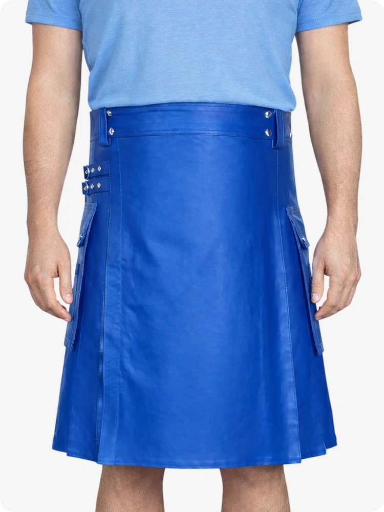 Elektrisch blauer Utility-Kilt aus echtem Leder mit Seitentaschen
