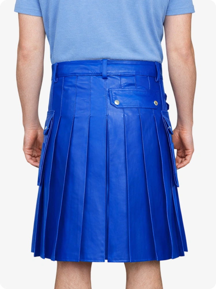 Electric Blue Genuine Leather Utility Kilt with Side Pockets
