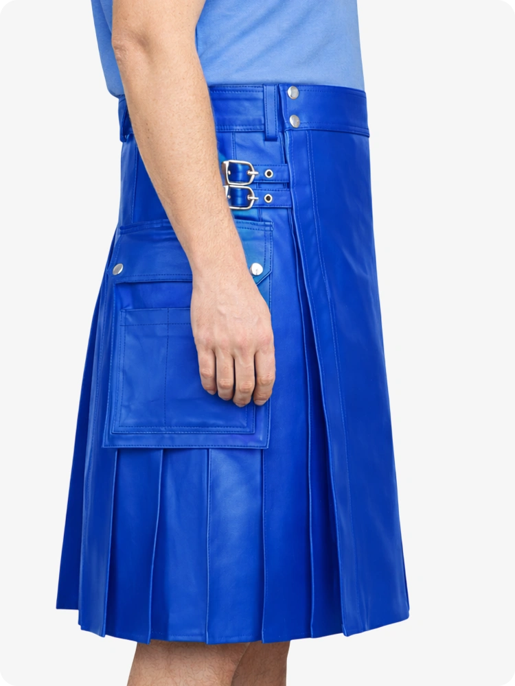 Elektrisch blauer Utility-Kilt aus echtem Leder mit Seitentaschen