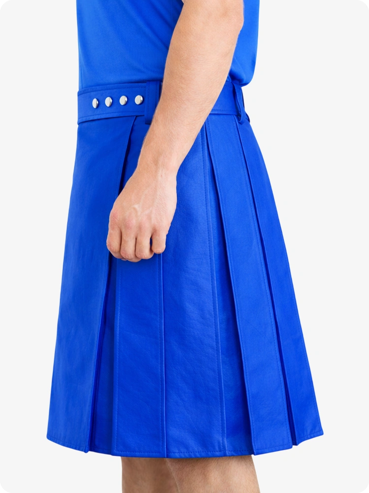 Electric Blue dress with pleated skirt and button details on a white background