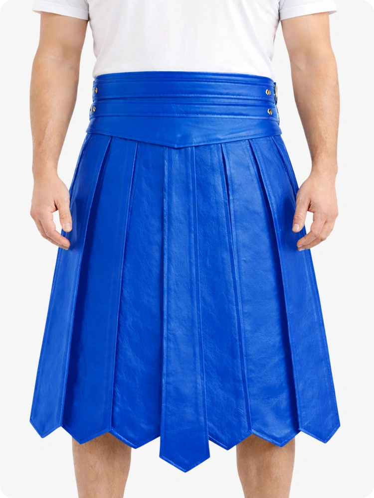 Elektrisch blauer Leder Highland Kilt mit verstellbarer Schnallen-Taille und klassischen Falten
