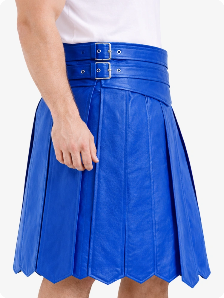 Elektrisch blauer Leder Highland Kilt mit verstellbarer Schnallen-Taille und klassischen Falten