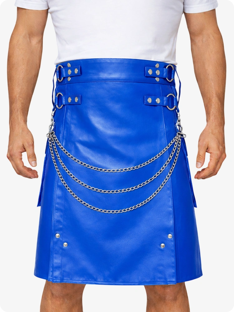 Electric Blue Leather Utility Kilt with Chain Detailing & Adjustable Straps