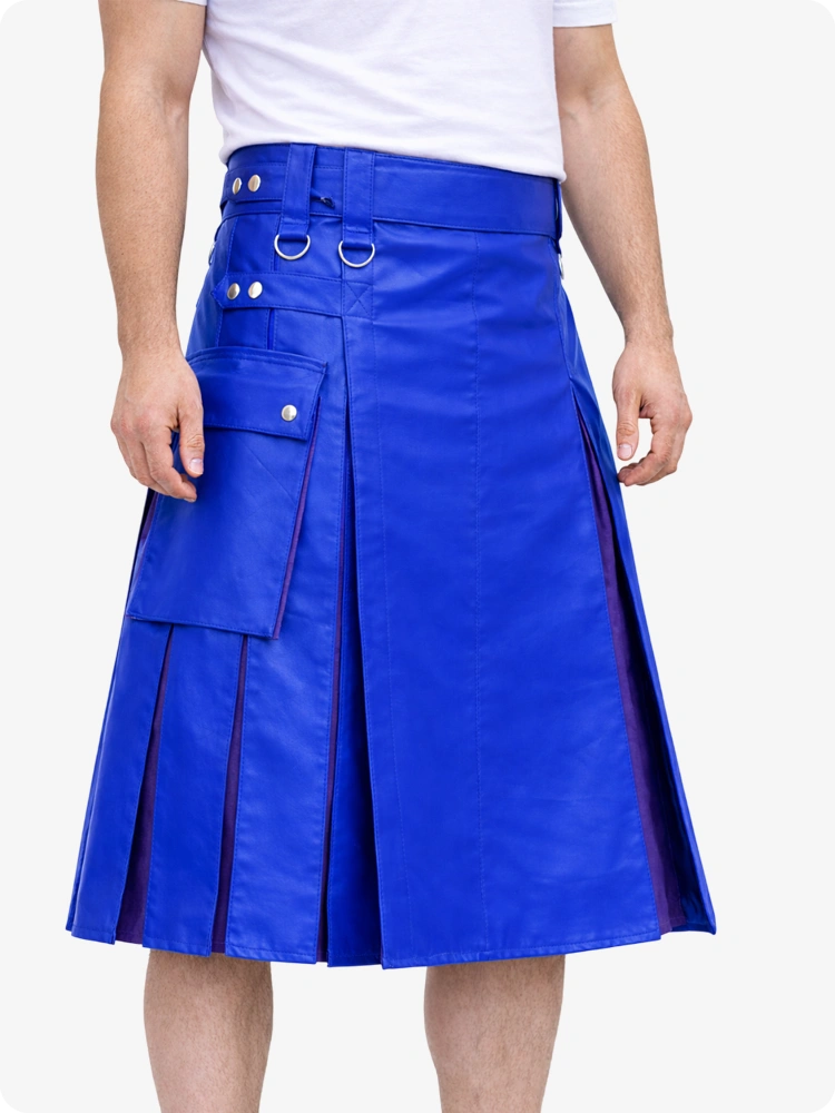 Electric Blue Leather Utility Kilt with Purple Pleats, Side Pockets & D-Ring Hardware