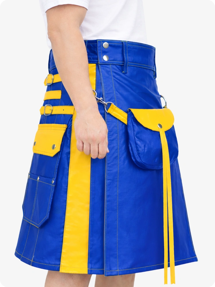 Elektrisch-blauer Leder Utility Kilt mit gelben Akzenten & abnehmbaren Taschen