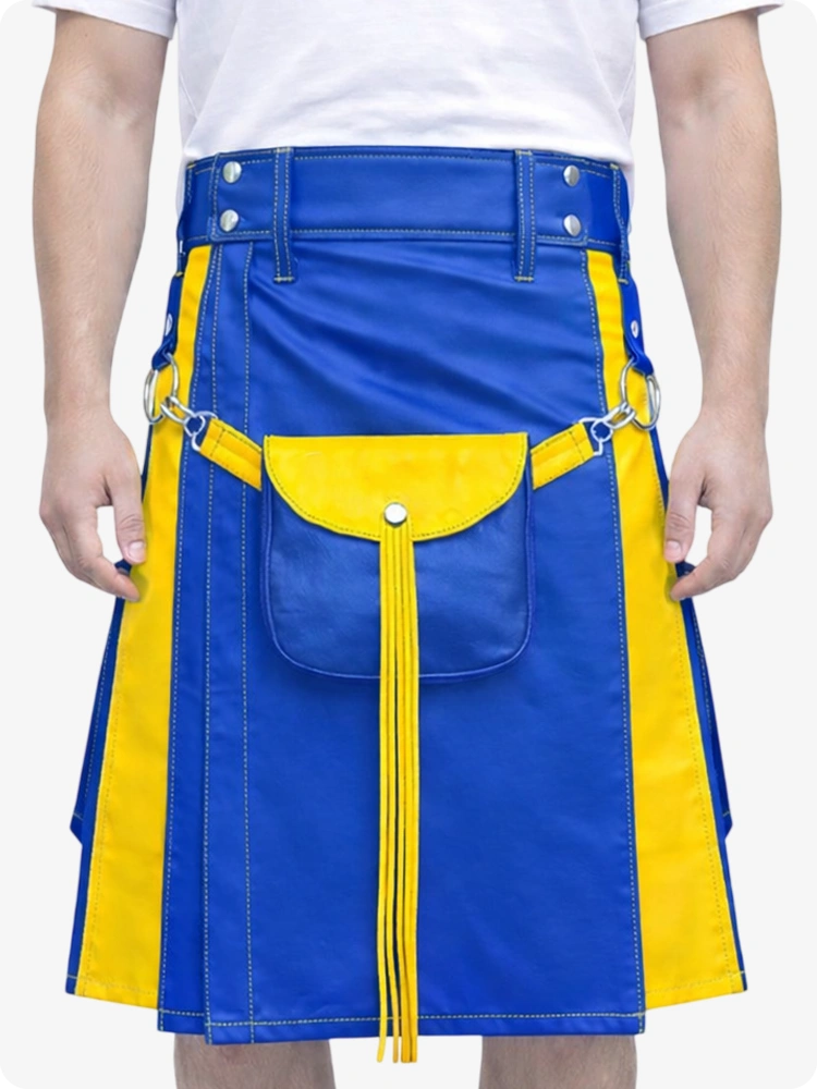 Elektrisch-blauer Leder Utility Kilt mit gelben Akzenten & abnehmbaren Taschen