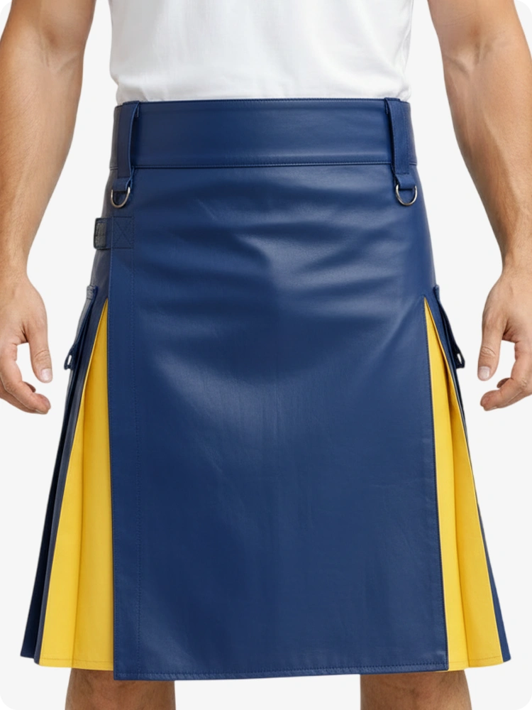 Elektrischblau & Gelb Leder Utility Kilt mit Cargotaschen