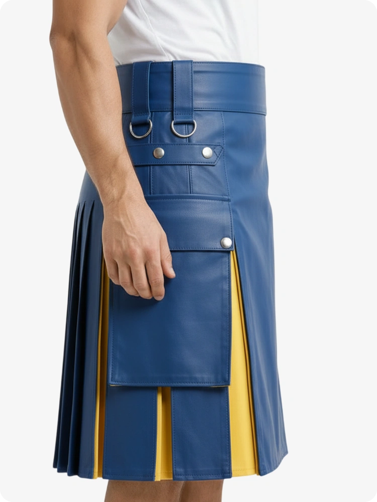 Elektrischblau & Gelb Leder Utility Kilt mit Cargotaschen