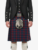 Person wearing a traditional Scottish kilt with a tartan pattern on a white background