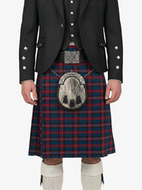 Person wearing a traditional Scottish kilt with a tartan pattern on a white background