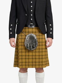 Person wearing a traditional Scottish kilt with a plaid pattern on a white background