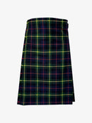 Plaid kilt with green, red, and yellow pattern on a white background