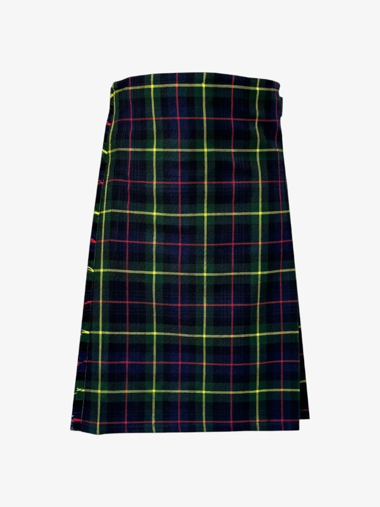 Plaid kilt with green, red, and yellow pattern on a white background