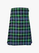 Plaid kilt with green, blue, and red pattern on a white background