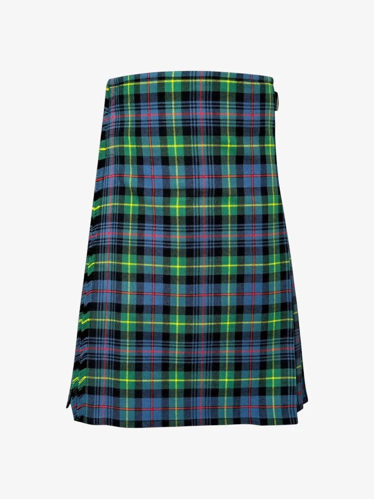 Plaid kilt with green, blue, and red pattern on a white background